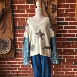 White Top with Denim Long Sleeves